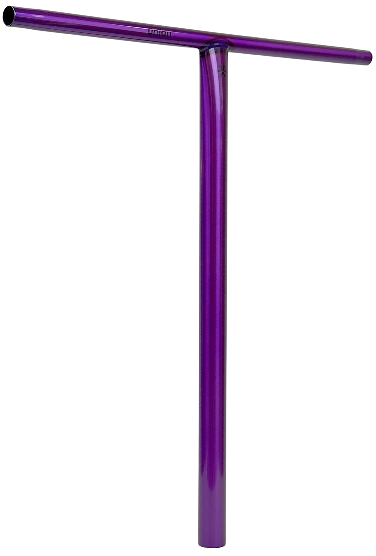 The Union Uniq T Steel Oversized HIC Stunt Scooter Bar in polished purple (650mm x 600mm) features a strong T-bar design with a horizontal bar atop a vertical tube, isolated on a white background.