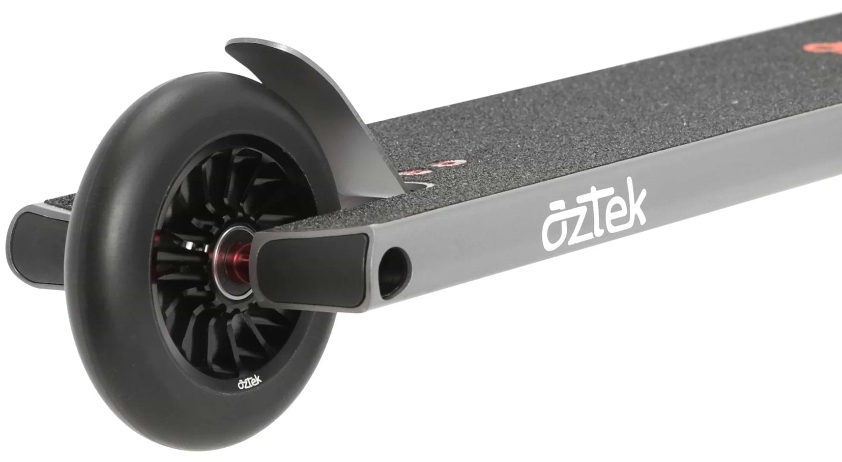 Close-up of the rear wheel and deck of the Aztek Architect 2 Complete Stunt Scooter - Space Grey, highlighting its black wheel, axle, and textured grip deck.