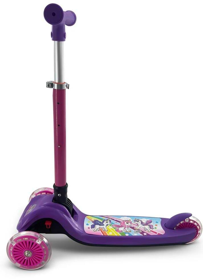 The Ozbozz Unicorn Trail Twist LED Kids Tri Scooter in purple/pink features pink LED wheels, a colorful unicorn and stars deck, adjustable handlebar with purple grip, and tilt-to-steer action for smooth riding.