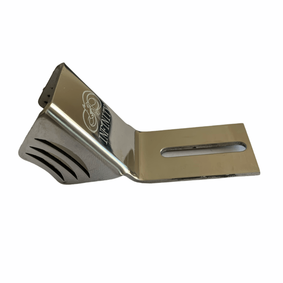 The Infinity Universal Stunt Scooter Fender in chrome, crafted from stainless steel, is a lightweight metal accessory. It comes with an Infinity logo and features an angled design with a slotted base for easy mounting, along with grooves on the upper section for better grip.