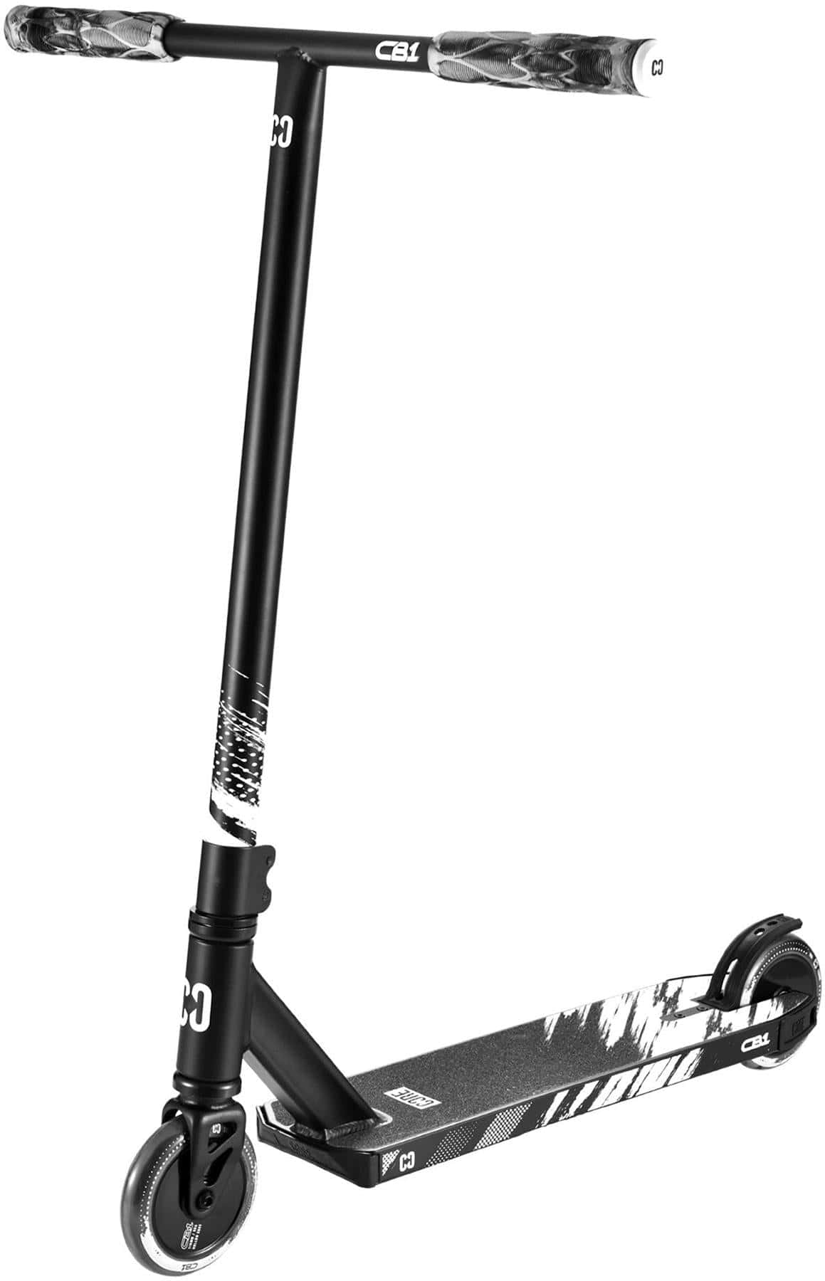The CORE CB1 Beginner Complete Stunt Scooter by CORE features a black and white design with graphic details on the grips, deck, and wheels—ideal for beginners seeking their first stunt scooter.
