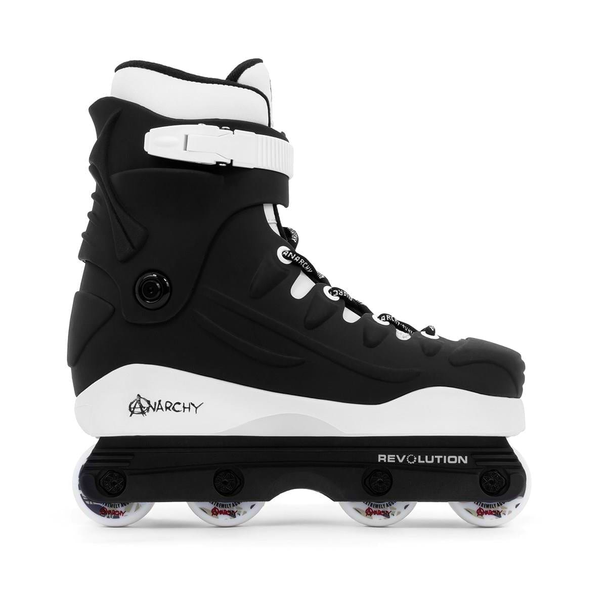 The Anarchy Revolution II Aggressive Inline Skates, designed for beginners and intermediates, feature a secure buckle and lace system. With black axles, white wheels, and "REVOLUTION" near the base, "ANARCHY" is printed on the heel in a sleek black-and-white design ideal for tricks.