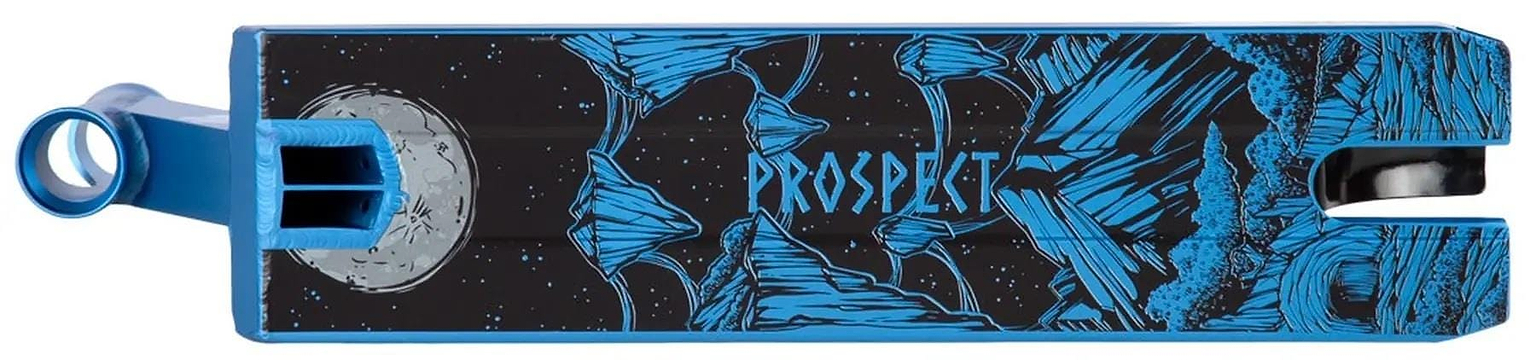 The Lucky Prospect Limited Edition Royal Blue Stunt Scooter Deck (5" x 20") by Lucky features "PROSPECT" in the center, with an illustrated moon, stars, and abstract blue mountains on a black background.