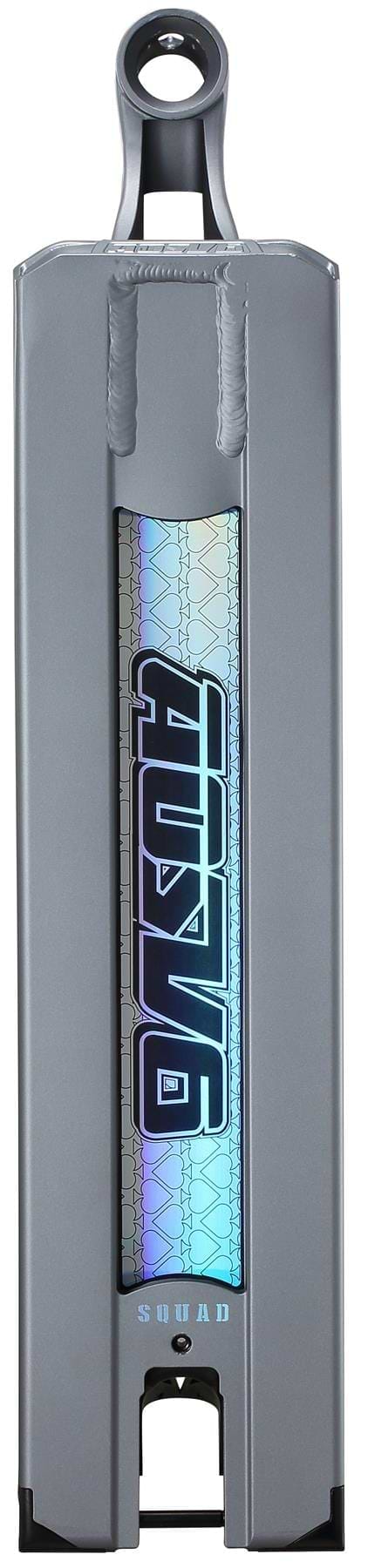 A metallic gray Blunt Envy AOS V6 Squad Grey Stunt Scooter Deck (5.5" x 22") features a holographic "SQUAD" strip in bold, futuristic letters and the AOS V6 branding near the bottom.