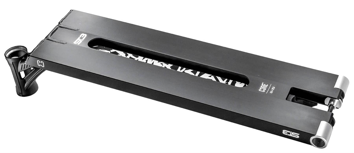 The CORE ST3 Forged Black Street Stunt Scooter Deck (6.5" x 22.5") features a hollow center, angular edges, white CORE branding, and a cut-out middle for street riding. It includes an integrated fork mount for front wheel attachment.