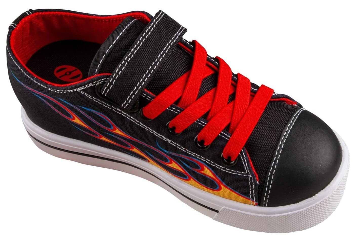 The Heelys Snazzy X2 Boys Shoes by Heelys feature a durable black canvas upper, bright red laces, Velcro strap, colorful yellow and red flame designs, stylish red inner lining, and a white sole for comfort.