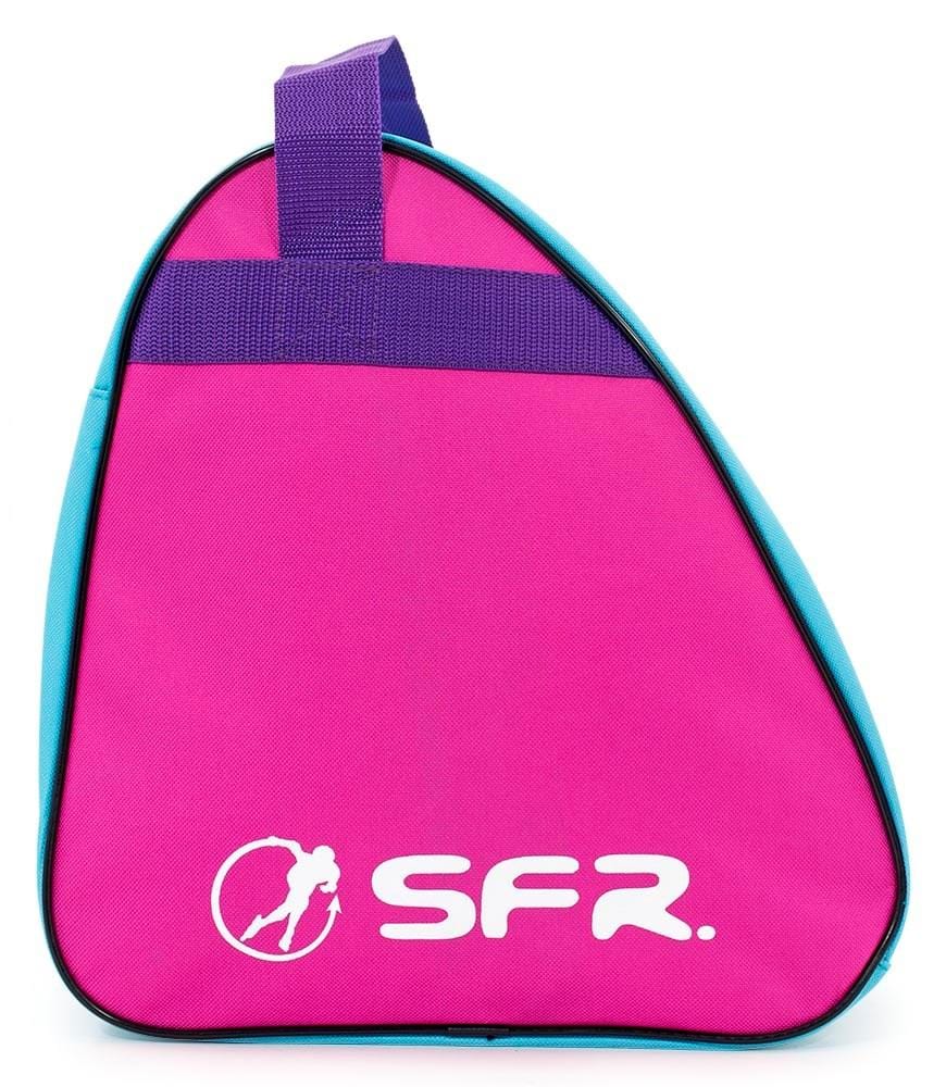 The SFR Vision Skate Bag - Pink features a striking pink and turquoise triangle design with a purple handle, adorned with "SFR" and a figure skater silhouette in white. This water-resistant skate accessory from SFR seamlessly merges style with functionality.