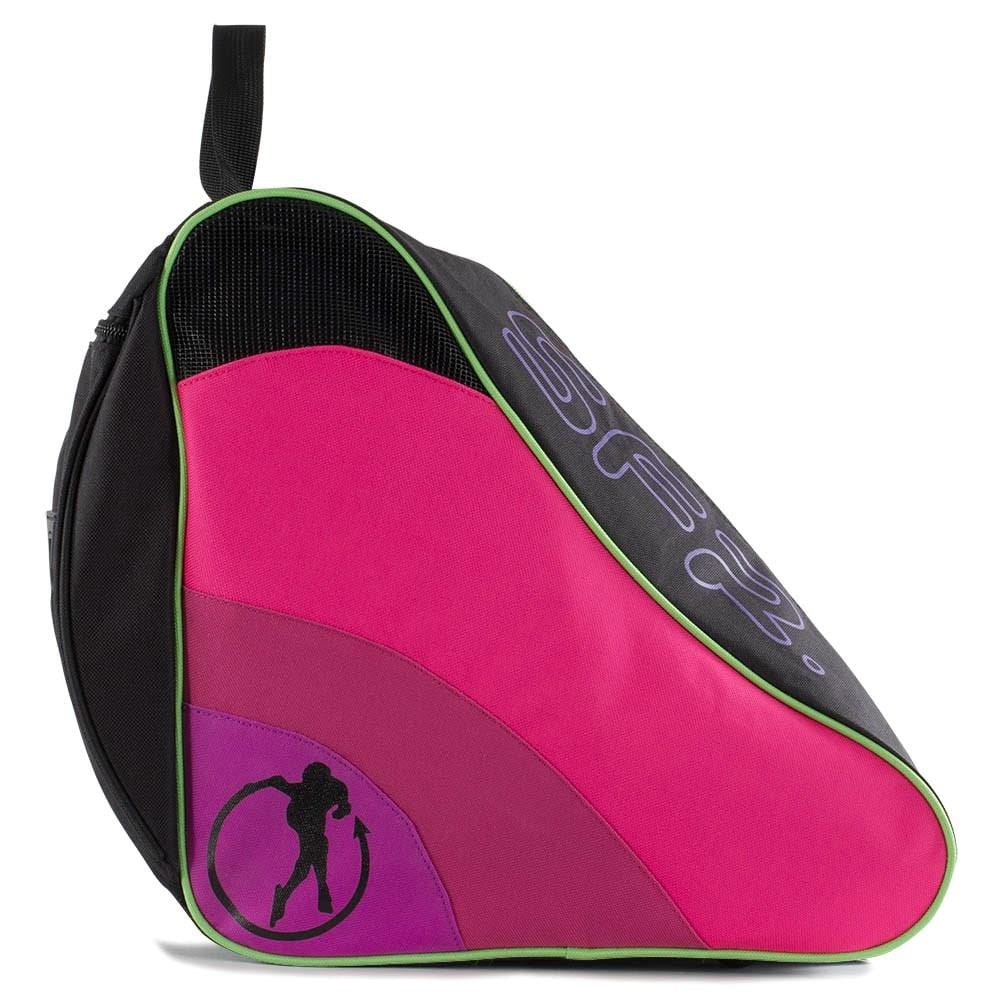 The SFR Ice & Skate Bag II - Disco by SFR highlights a brilliant pink and purple design on the front, complemented by a black silhouette depicting an expert rhythmic gymnast with a hoop. It includes black and green accents, an adjustable shoulder strap, and a practical zippered compartment for convenient storage.