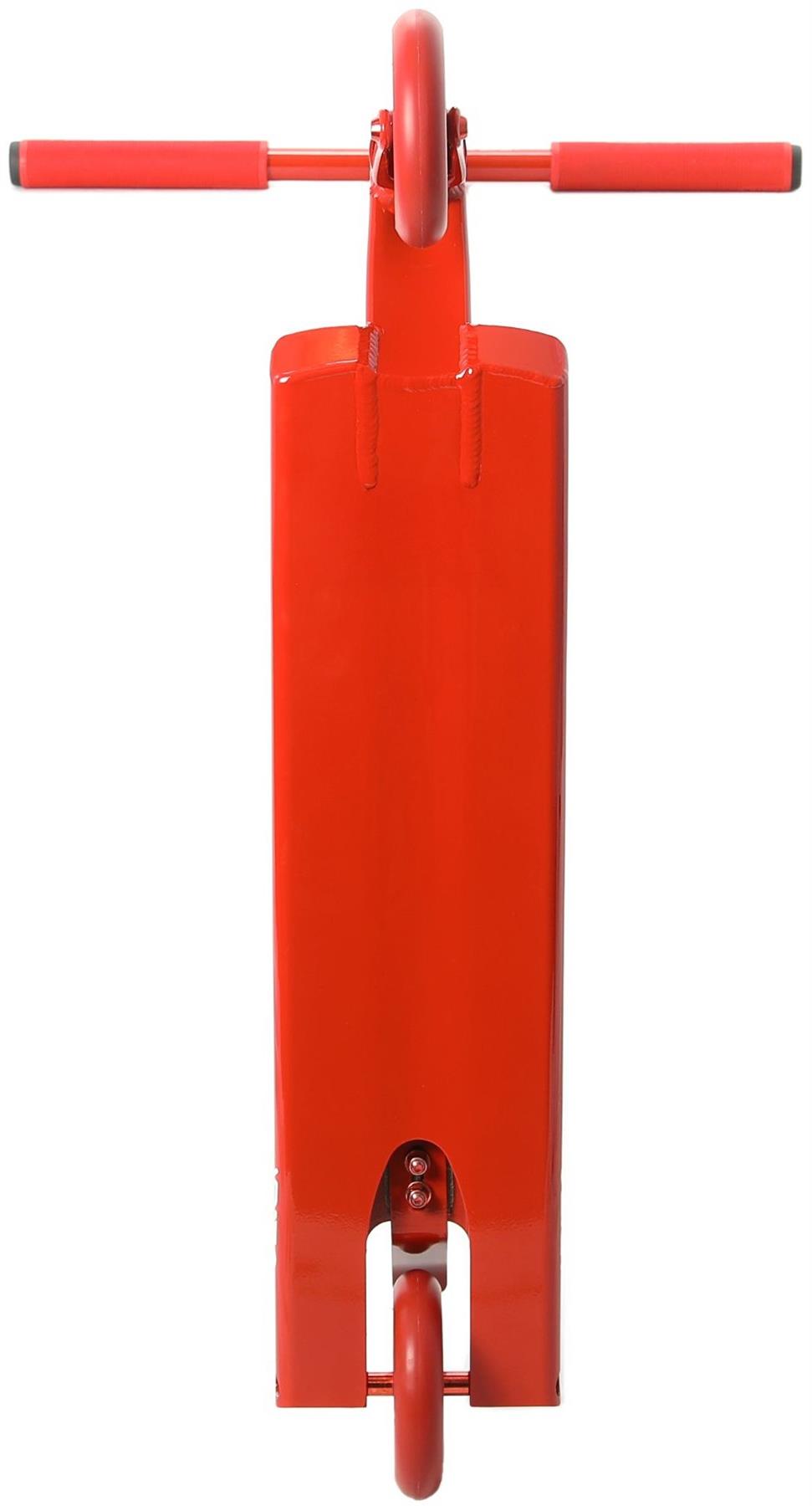 The Aztek Architect 2 Complete Stunt Scooter in Cardinal Red displays its sleek, minimalist design from above, highlighting the aligned handlebars, deck, and wheels—a standout entry-level street scooter from Aztek.