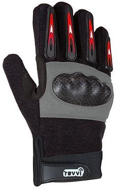 The Revvi Long Finger Tech Kids Bike Knuckle Protection Gloves in black feature hard knuckle guards, a GO-SHOCK padded palm, red finger accents, and a Velcro wrist strap with the Revvi logo.