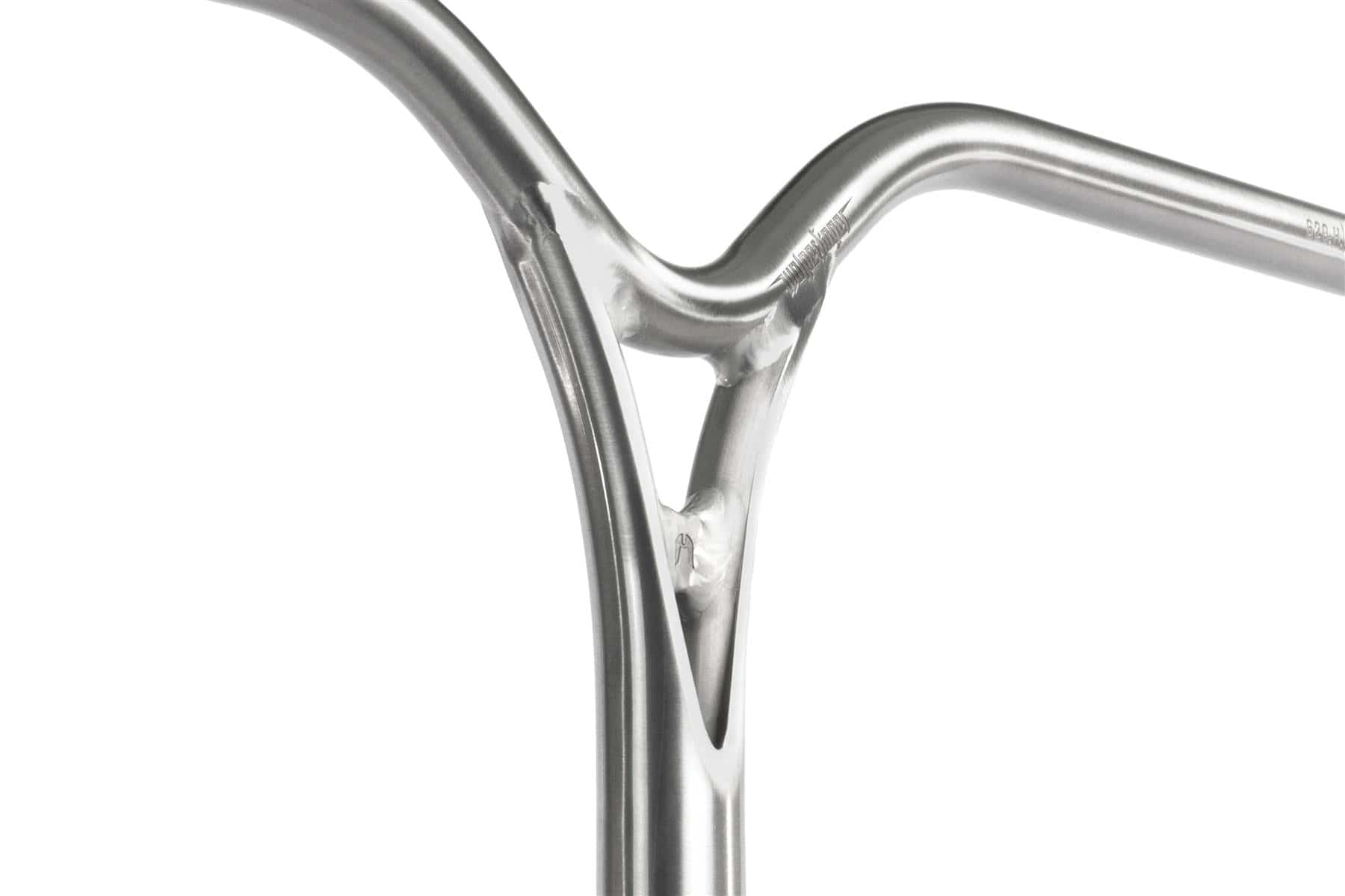 Close-up of the Ethic DTC Wolpertinger Aluminium IHC Stunt Scooter Bars (Raw Silver, 720mm x 580mm) showing smooth silver tubing and precise welds by Ethic against a white background.