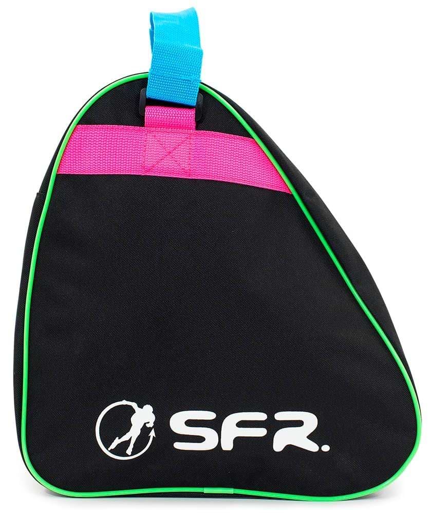 Introducing the SFR Vision Skate Bag - Disco by SFR: a black triangular design with green edges, a vibrant pink strap, and a robust blue carry handle. This fashionable bag is water-resistant and boasts the iconic white SFR logo alongside a skating figure on the front.