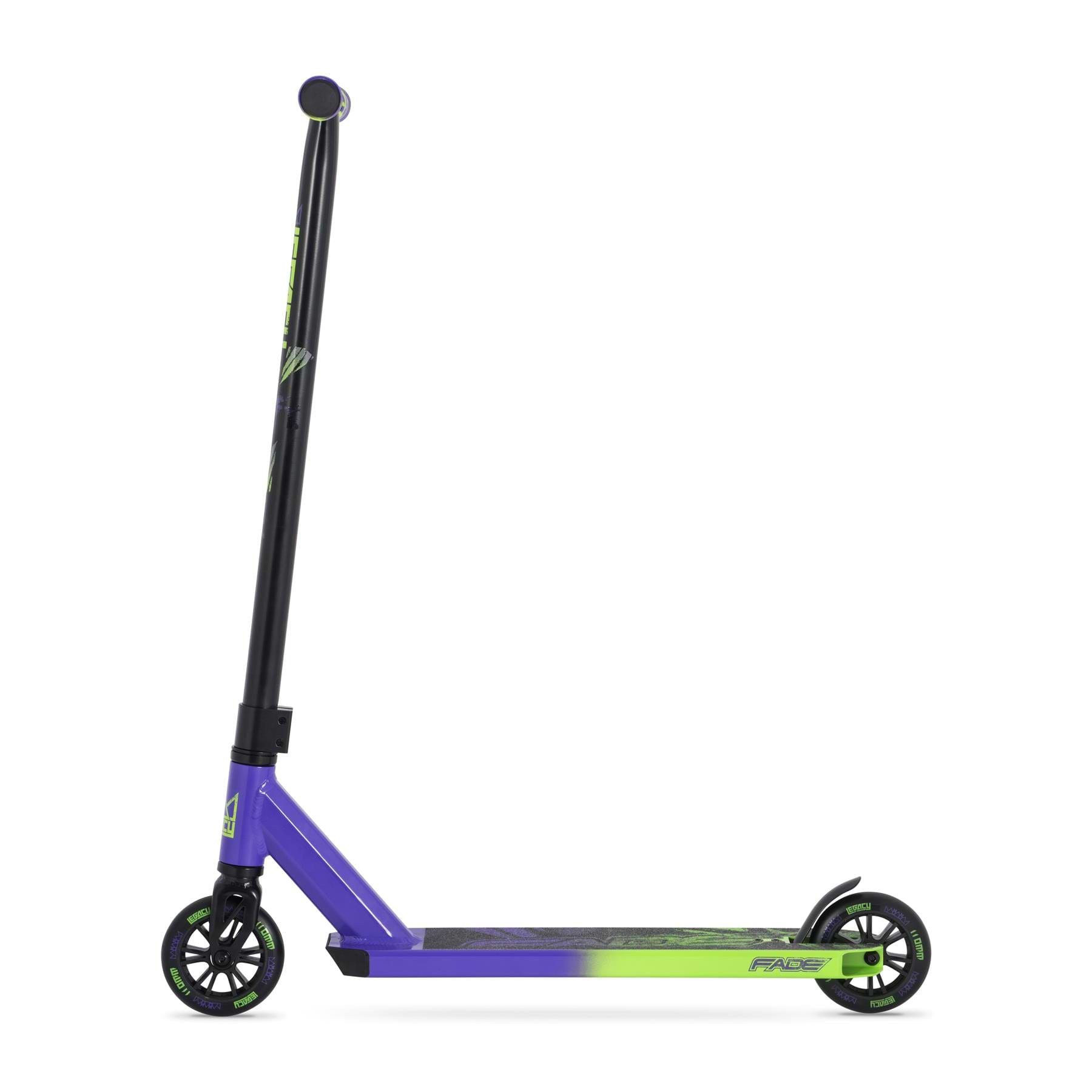 The Legacy Fade Complete Stunt Scooter - Purple / Green by Legacy features a black handlebar, purple and green deck, and black wheels—ideal for tricks and freestyle riding. Shown side-on against a white background.