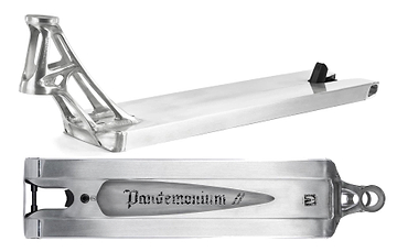 The Ethic DTC Pandemonium V2 Boxed Raw Stunt Scooter Deck (5.5" x 21.3") is shown from side and bottom views. Made from 6061-T6 aluminium, it features a cut-out "Pandemonium" engraving and an angular, open-frame neck design.