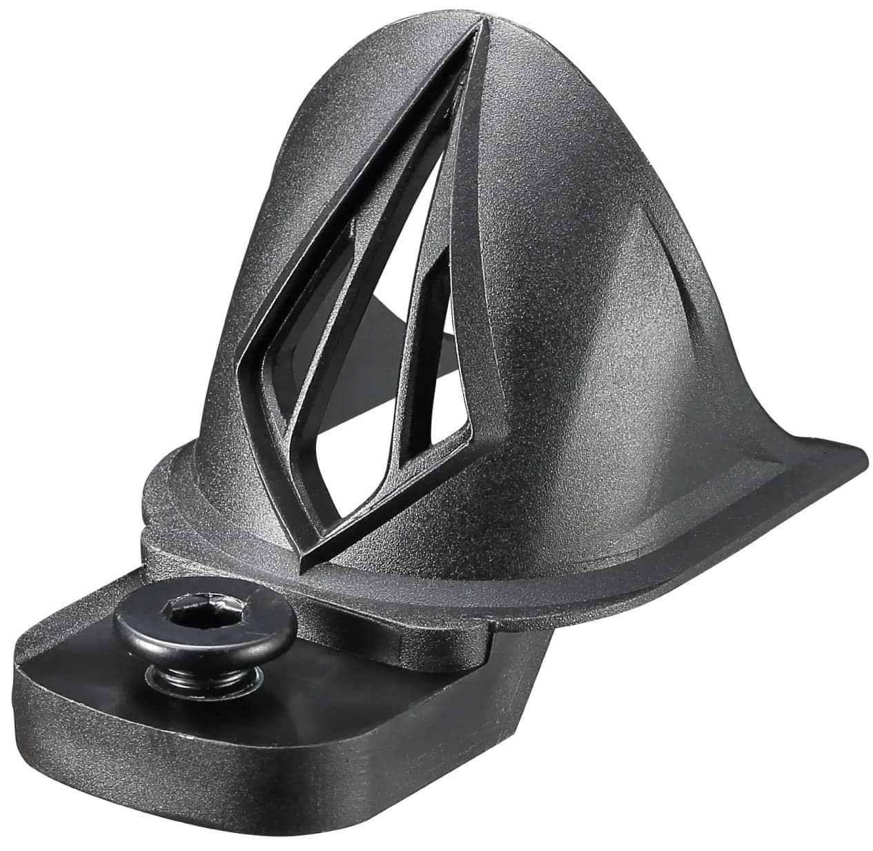 The Blunt Envy Wheel Guard V3 - Black is an angular plastic leash plug with geometric cutouts and a single screw, designed to securely attach a surfboard leash to your board. Brand: Blunt Envy.