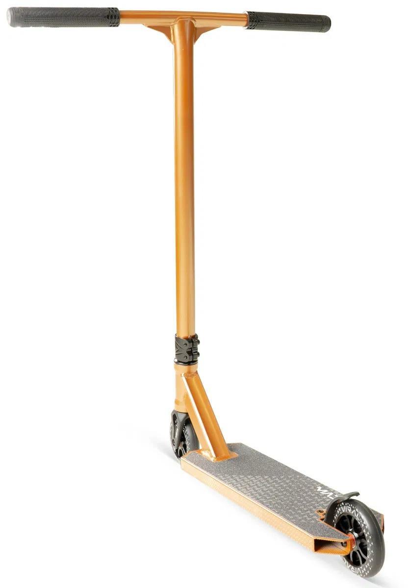 The Madd Gear Viral KAOS Complete Stunt Scooter in copper features a textured foot deck, black handlebars, and small black wheels, shown against a white background.