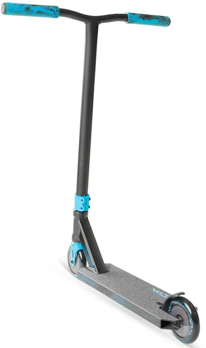 The Madd Gear Viral Rave Complete Stunt Scooter - Velocity by MGP is a black and blue stunt scooter featuring blue handlebar grips, a black deck with grip tape, and small wheels with blue trim, shown on a white background.