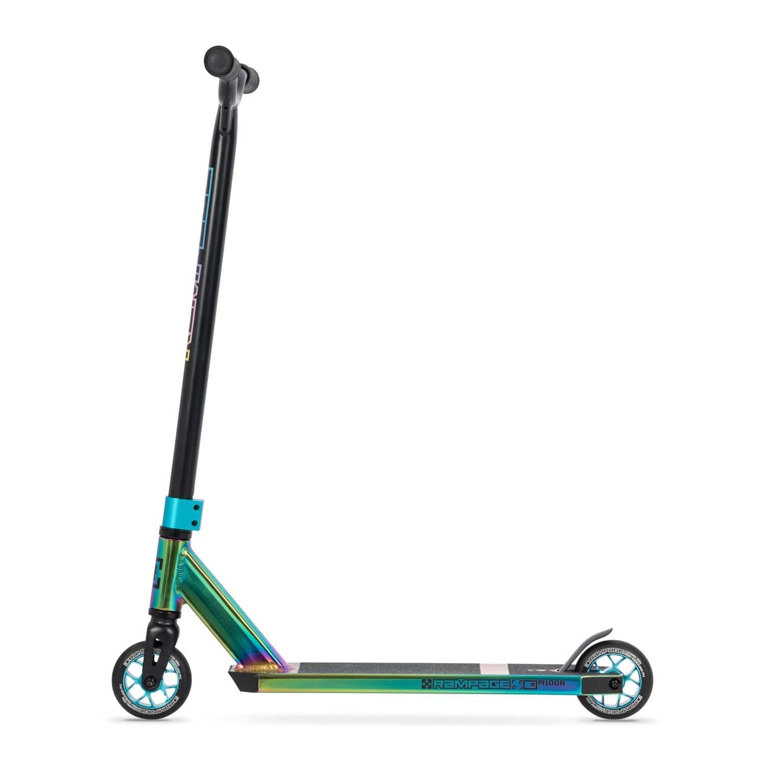 The Rampage R100A Complete Stunt Scooter - Oil Slick Neochrome features a black handlebar, blue clamp, iridescent deck, two small wheels, rear foot brake, and textured footplate for grip—ideal for your next park scooter.