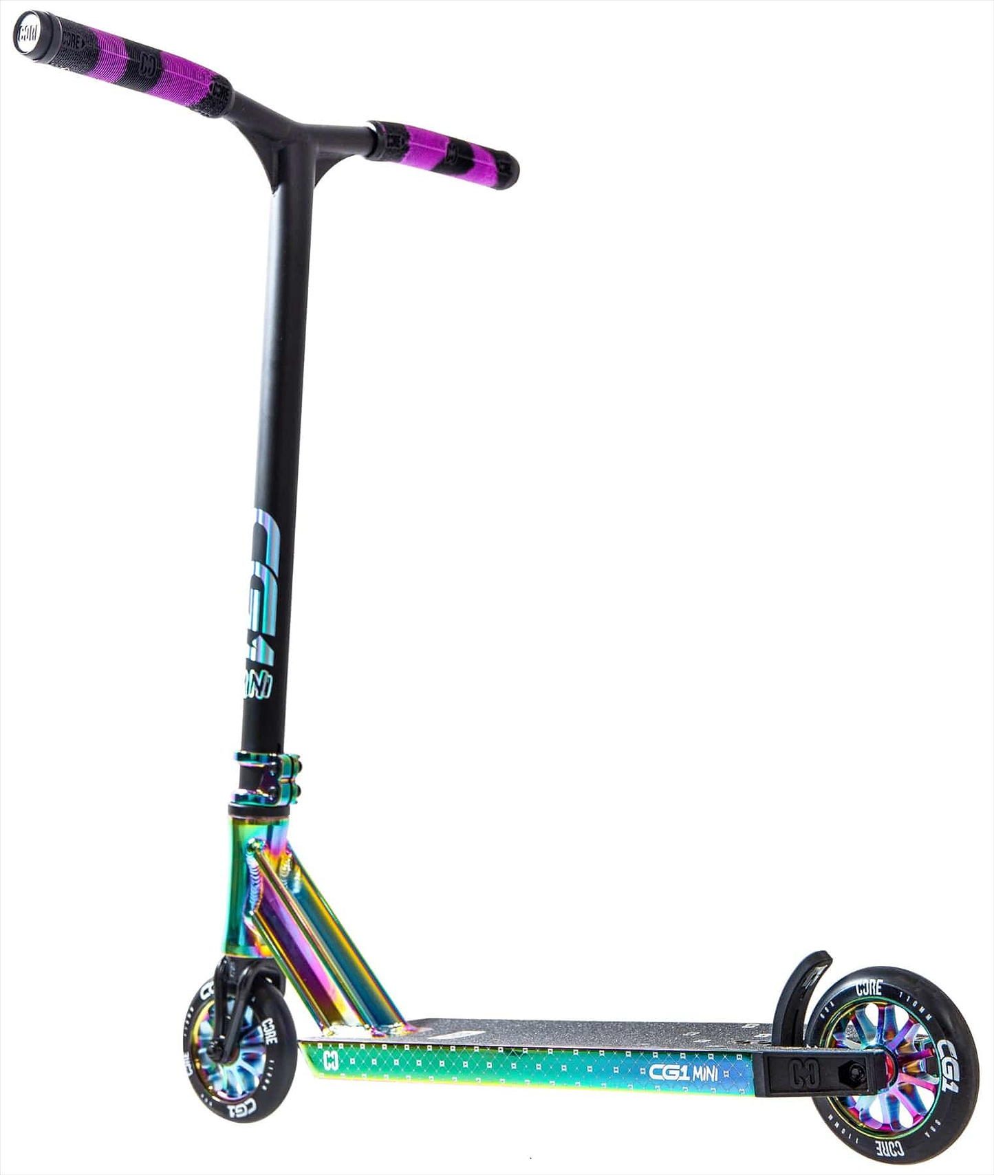 The CORE CG1 Mini Complete Stunt Scooter in Neochrome/Black by CORE, featuring purple handlebar grips, black wheels, and chrome accents, is ideal for beginners and stands upright on a white background.
