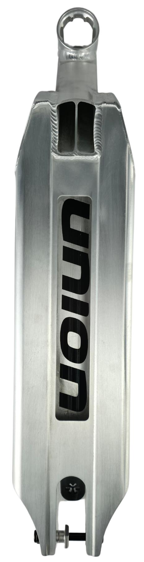 Close-up of a metallic, brushed aluminum Union Classic Pro Silver Stunt Scooter Deck (4.75") featuring bold black "Union" branding, visible welds, and a curved cutout with axle bolt—ideal for stunt scooter setups.