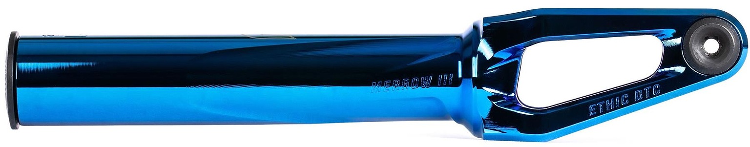 The Ethic DTC Merrow V3 8/12STD SCS Fork in Chrome Blue features a left-side cylindrical tube and right-side open cut-out design, ideal for easy wheel attachment on your stunt scooter.