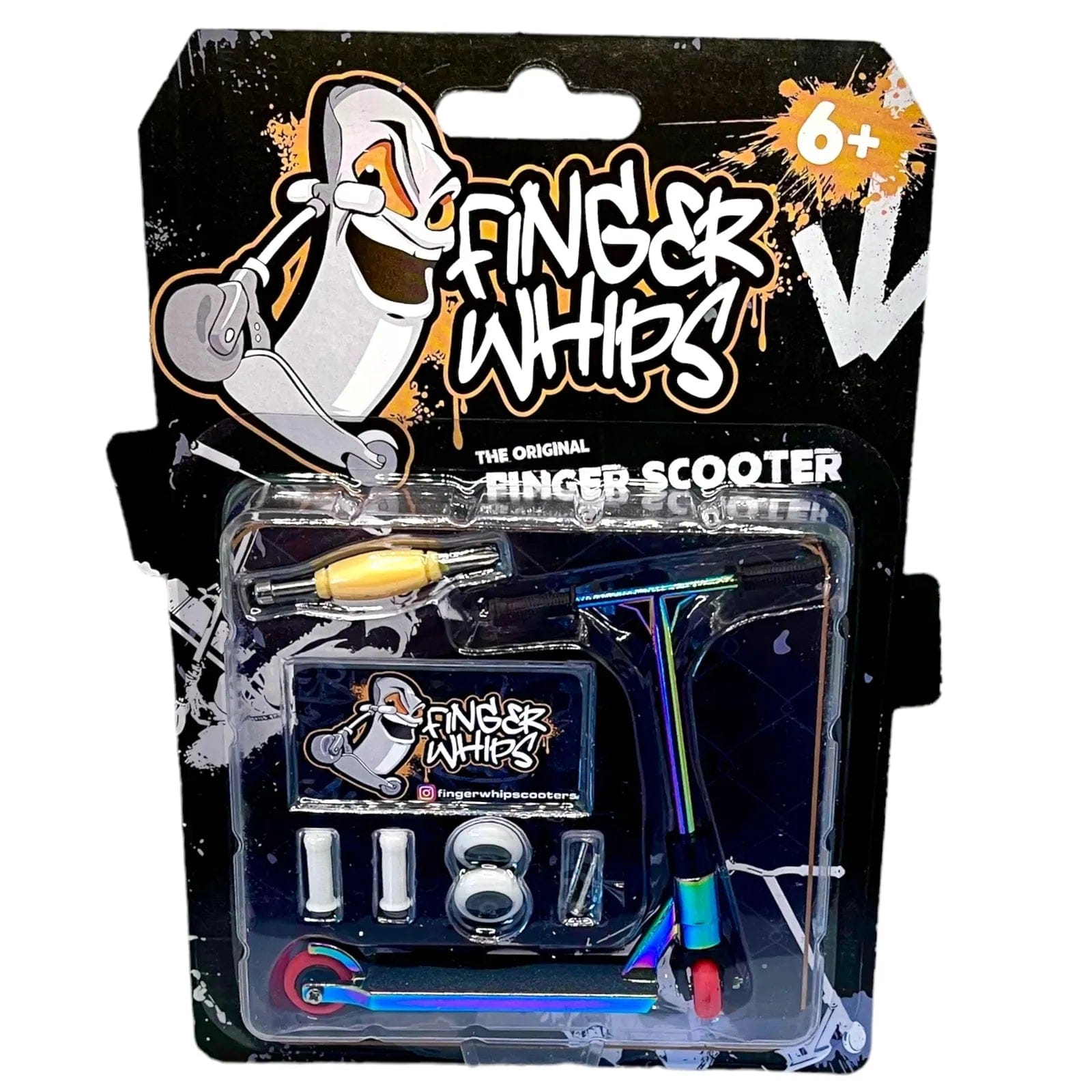 The inventive packaging of the Fingers Whips Finger Toy Scooter - Neochrome, ideal for ages 6 and above, features a stylish miniature finger scooter along with exciting accessories. The backdrop displays a cartoon character clad in extreme sports skate gear, enhancing the adventurous aesthetic of the playful design.