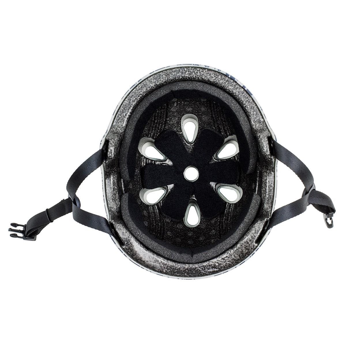 Interior view of the Slamm Logo Skate/Scooter Helmet in Grey Camo showcases black padding, ventilation holes, and an adjustable strap with a buckle, providing comfort and meeting EN1078 safety standards. Perfect for scooter riders who prioritize both style and safety.