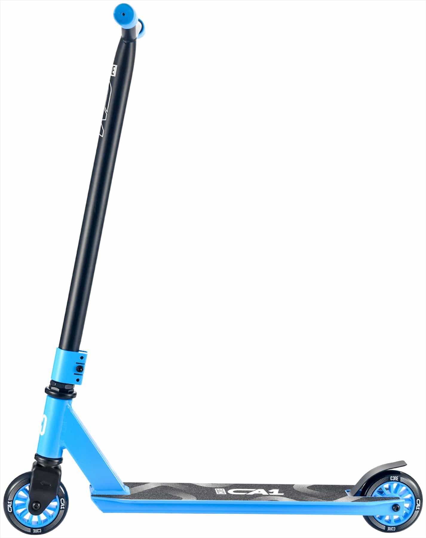 The CORE CA1 Beginner Complete Stunt Scooter by CORE features a blue deck, black handlebar, blue wheels, and black grip tape on the footboard, shown in side view against a white background.
