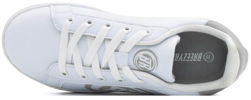 A top view of Breezy Rollers Classic Shoes - White / Grey shows white laces, eyelets, a grey padded interior, and the Breezy Rollers logo on the insole—part of their patented wheel-enabled collection for easy rolling.