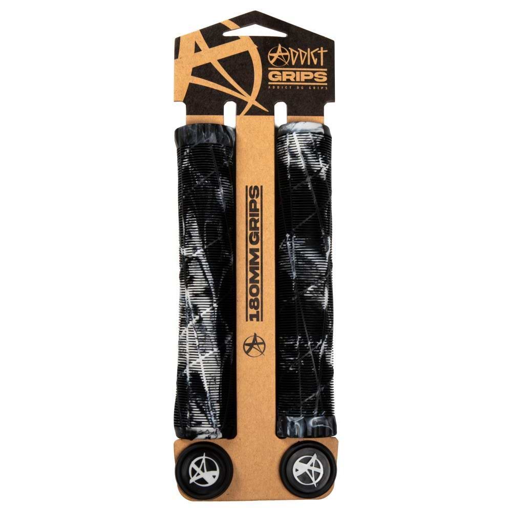 The Addict OG Swirl Black/Grey Stunt Scooter Grips - 180mm feature a black and grey marbled TPR design with star logo end caps, offering comfort and durability. Packaged on branded brown cardboard, they're ideal for stunt scooters.