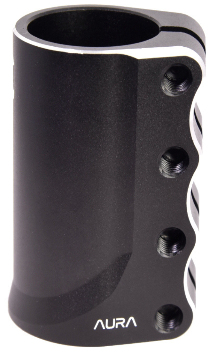 The CORE Aura 4 Bolt Oversized SCS Stunt Scooter Clamp in black features a smooth curved aluminium design with silver-edged accents and "AURA" branding—ideal for SCS stunt scooter setups.