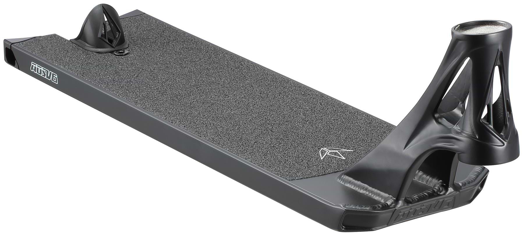 A close-up of the Blunt Envy AOS V6 Squad Black Stunt Scooter Deck (6" x 22") with grip tape, integrated head tube, and cutout designs on the neck and rear brake area, displayed on a white background.