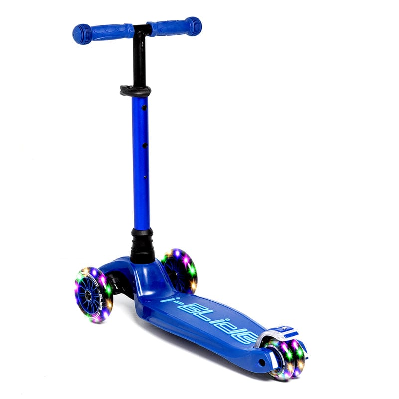 The I-Glide 3-Wheel LED Kids Scooter - Blue/Blue is a blue scooter featuring colorful LED lights on each of its three wheels. It comes with an adjustable height handlebar, "Blaze" branding on the deck, and soft handle grips for added stability and fun.