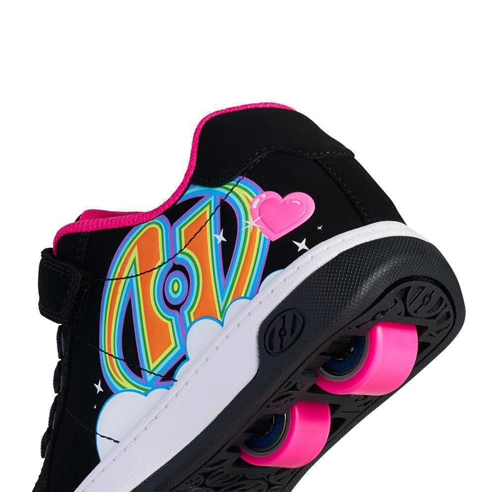 The Heelys Kolect X2 Girls Shoes by Heelys feature a black exterior, hot pink interior, colorful "LOVE" graphic with heart and cloud on the side, and two pink wheels in the heel. Stylish and fun, perfect for kids who love to roll!.