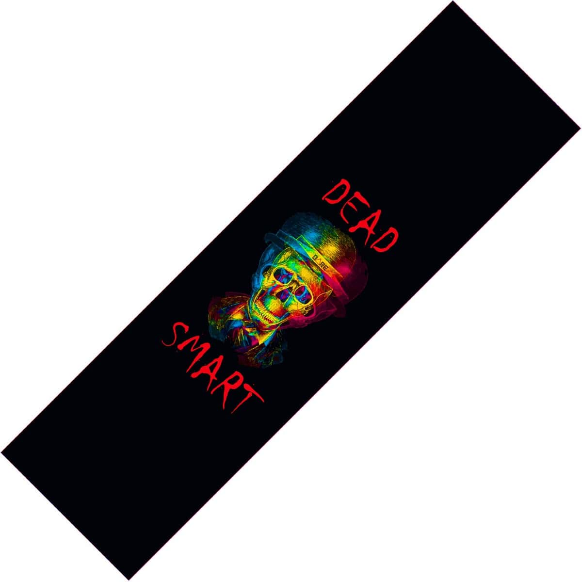 A vibrant illustration of a skeleton wearing a hat is set against a dark background, reminiscent of the edgy style seen on Dare Stunt Scooter Griptape - Dead Smart by Dare. The phrase "DEAD SMART" is prominently displayed in red next to the skeletal figure, capturing the bold and fearless essence of griptape designs.