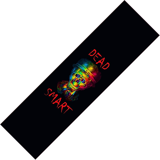 A vibrant illustration of a skeleton wearing a hat is set against a dark background, reminiscent of the edgy style seen on Dare Stunt Scooter Griptape - Dead Smart by Dare. The phrase "DEAD SMART" is prominently displayed in red next to the skeletal figure, capturing the bold and fearless essence of griptape designs.