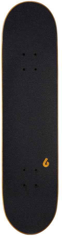 The Birdhouse Stage 3 Armanto Bubbles Complete Skateboard (8" x 31.5") by Birdhouse has a black deck with a yellow edge and small yellow logo near the lower right, grip tape on top, and pre-drilled holes for trucks.