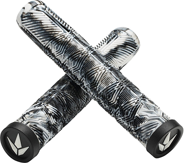Two black, white, and gray marbled Blunt Envy V3 160mm stunt scooter grips are crossed, each with a black cap featuring a white geometric logo—ideal for upgrading your Blunt Envy or any scooter handlebars.