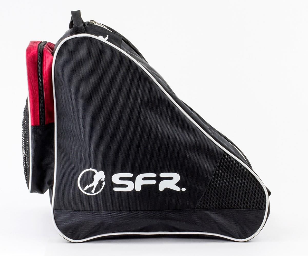 Introducing the SFR Large Ice & Skate Bag II in Black and Red, a striking triangular-shaped bag constructed from durable water-resistant polyester. It showcases the iconic white "SFR" logo on its side, equipped with a zippered top and a mesh pocket for added convenience.