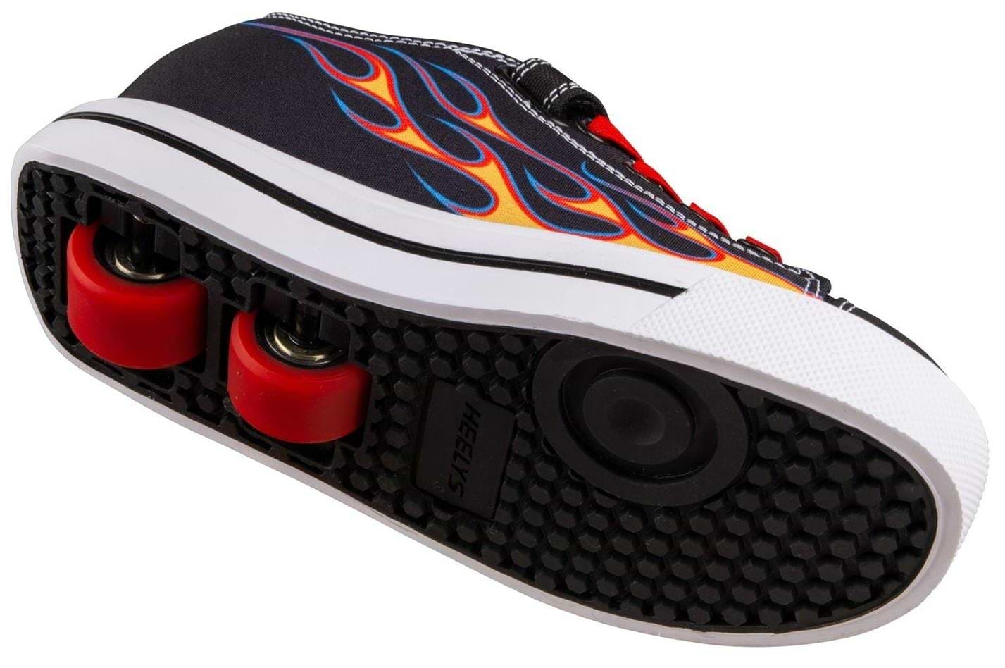 A close-up of the Heelys Snazzy X2 Boys Shoes in black with yellow and red flame design, featuring red wheels and ABEC 3 bearings, highlights their dual-purpose for both walking and rolling.