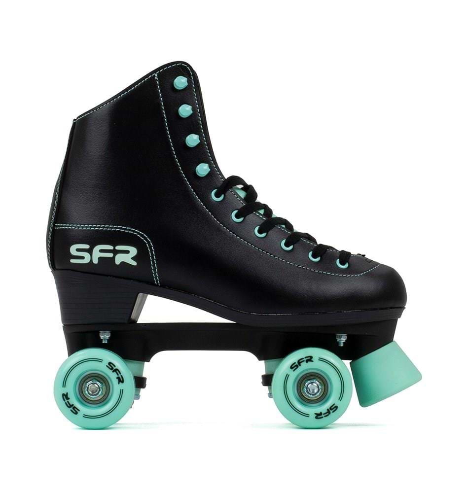 The SFR Figure Quad Roller Skates - Black / Mint feature a black leather design with mint laces, polyurethane wheels, toe stopper, and classic high-ankle support—ideal for beginners. SFR branding is displayed on the side.