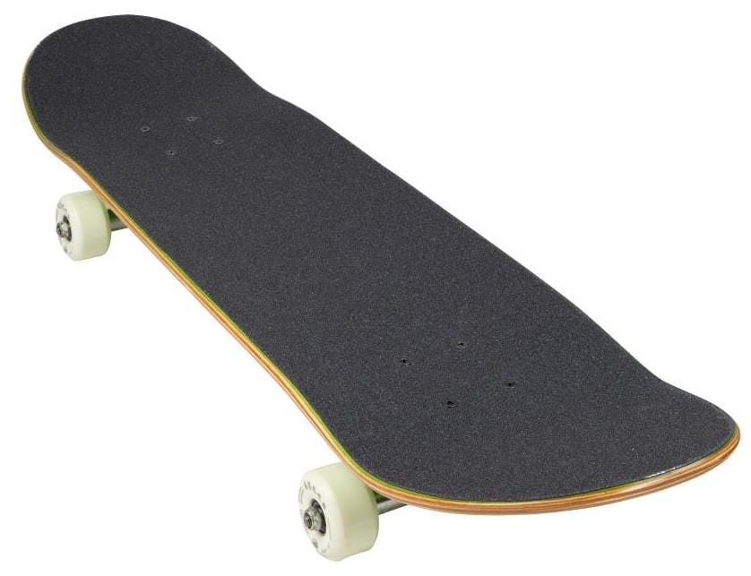 The Arbor Street Logo Green Complete Skateboard (8" x 31.75") features a textured grip tape, white wheels, and exposed Canadian maple wood edges, all shown on a white background.