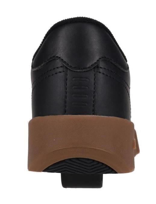 Rear view of the Heelys Goleeh Boys Shoes in black/white/gum by Heelys, featuring a low-top court style, brown gum rubber sole, and visible heel stitching.
