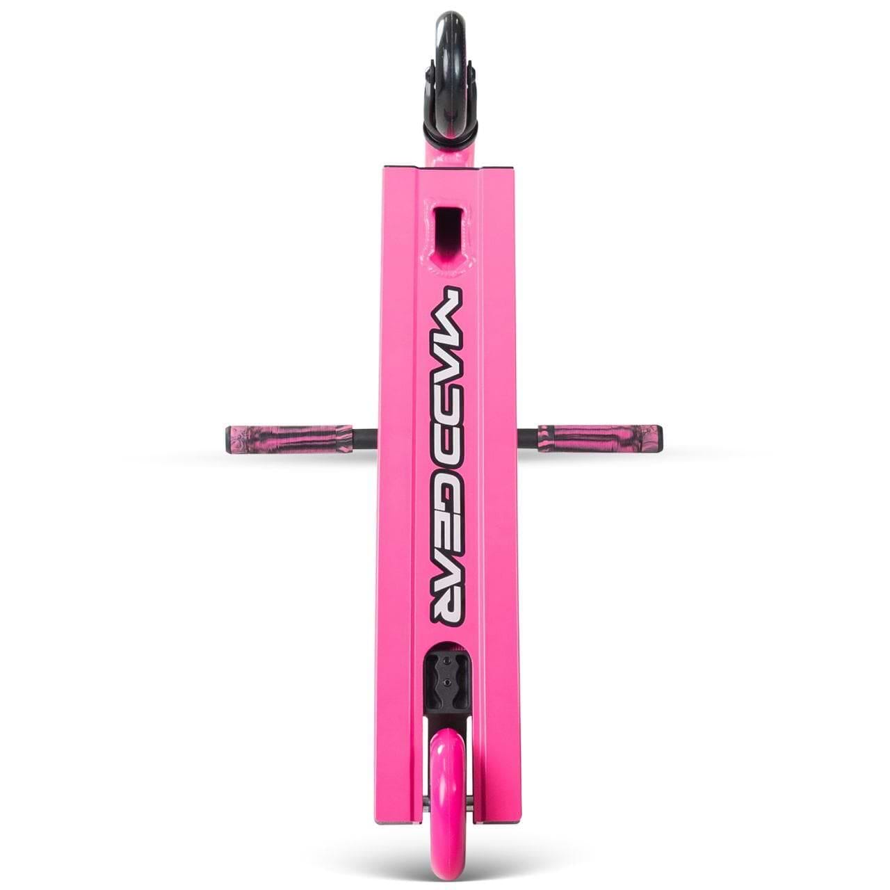 The Madd Gear MG 1 Raven Complete Stunt Scooter in pink/black features a durable aluminum deck with a bold black "MADD GEAR" logo, wide handlebars, and visible front and rear wheels—perfect for stunts.