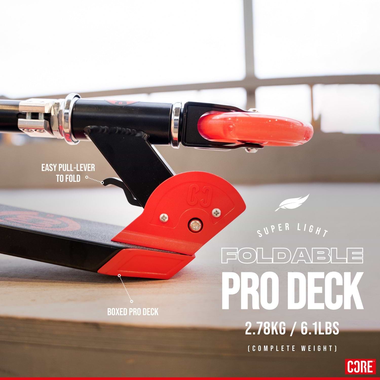 Close-up image of the CORE Foldy Kids LED Foldable Kick Scooter in black/red design, featuring an adjustable handlebar, pull-lever for easy folding, and a boxed pro deck. Text states: "Super Light Foldable Pro Deck, 2.78KG / 6.1LBS (Complete Weight).
