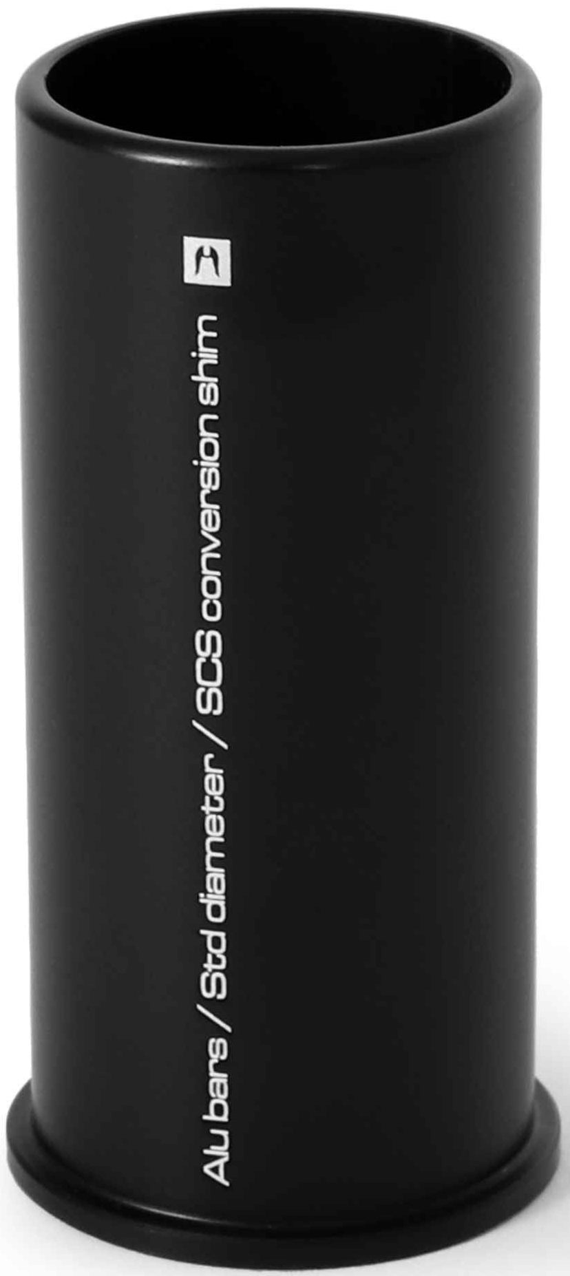 A black cylindrical metal tube labeled "Alubang Std diameter/SCS conversion shim" in white text stands upright on a white background. The Ethic DTC SCS Scooter Bar Adapter V2 - Standard by Ethic is perfect for use with an SCS compression clamp, offering a secure and precise fit for your scooter setup.