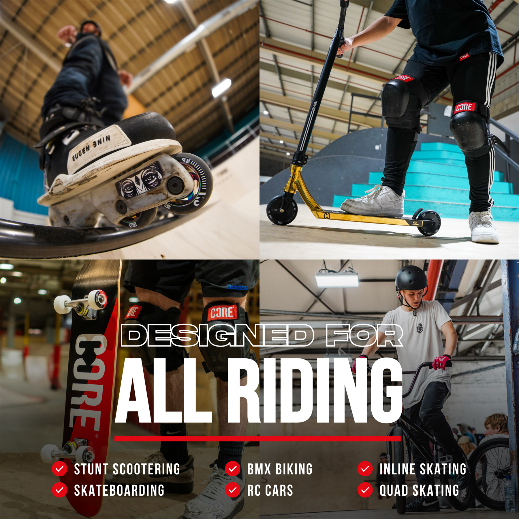 Four photos show people using the CORE Mini Wave Bridge Connector for stunt scootering, skateboarding, BMX, inline and quad skating, and RC cars in a home skate setup. Text reads "Designed for All Riding." Brand: CORE.
