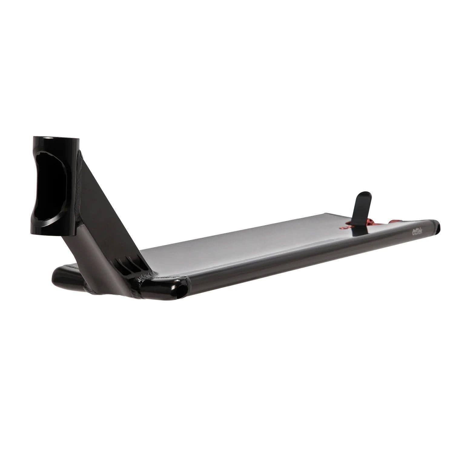 The Aztek Europa 2 Black Stunt Scooter Deck (7" x 24") features a head tube for handlebars and a rear brake, offering a smooth, sleek surface ideal for street riding and improved grinding performance.