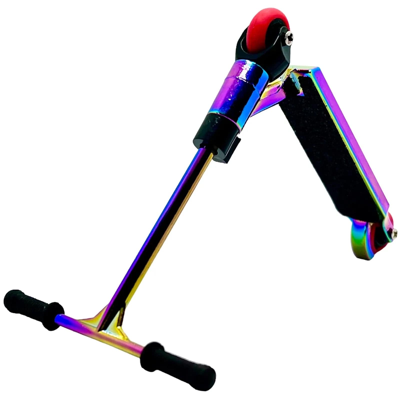 The Fingers Whips Finger Toy Scooter - Neochrome by Finger Whips is an ideal choice for miniature extreme sports enthusiasts. This vibrant and compact finger scooter boasts a metallic finish, black handlebars, a red front wheel, and a deck crafted for executing tricks, enabling effortless customization of your ride.