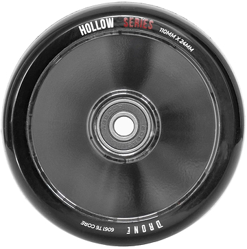 The Drone Hollow Series 110mm Stunt Scooter Wheel in Smoked Chrome features a metallic center bearing and black rim with "110MM x 24MM" and "6061 T6 Core" seen from above. Labeled "Hollow Series" and "Tronic," it's perfect for stunt scooter enthusiasts seeking high-quality design.
